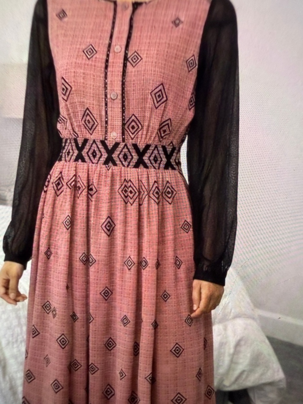 Pink Geometric Print Long Sleeve Dress